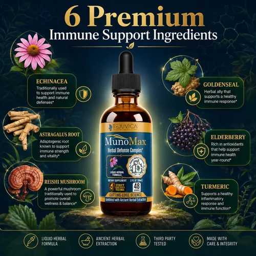 Miniatura 2 de Rejuvica Health MunoMax Gotas líquidas de apoyo inmunológico Equinácea, saúco, astrágalo, reishi y sello de oro Apoya la defensa inmune diaria