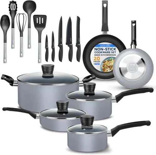 Miniatura 8 de SereneLife Juego de 20 utensilios de cocina azules con cuchillos, incluye ollas y sartenes de varios tamaños, antiadherentes con tapas y utensilios