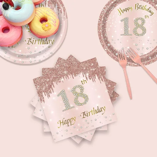 Miniatura 4 de 24 juegos de decoración de fiesta de cumpleaños de oro rosa para niñas de 18 años, platos y servilletas para cumpleaños, suministros de fiesta