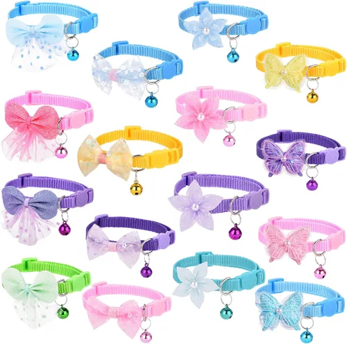 Miniatura 9 de 16 piezas de lindos collares para gatos con campanas - Collares separables para niñas y gatitos pequeños - Rosa, diseño de moño - Accesorios