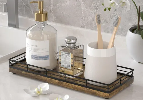 Miniatura 19 de Bandeja Decorativa de Madera, Roble 11.2" L Bandeja de Mesa de Café para Encimera de Cocina Portador de Jabón y Esponja Portavelas Mesa de Mesita