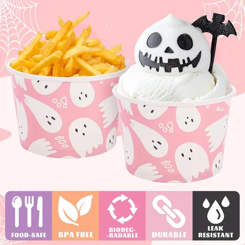 Miniatura 3 de Whaline 50 tazas desechables de fantasma de Halloween, lindos cuencos desechables de 9 onzas, cuencos de papel para postre de helado para dulce