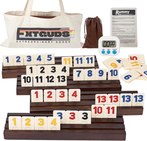 Juego de cubo Rummy para 2 a 4 jugadores, con 4 bastidores y bandejas de madera, 106 azulejos grandes con bolsa de lona, juego de viaje de azulejos