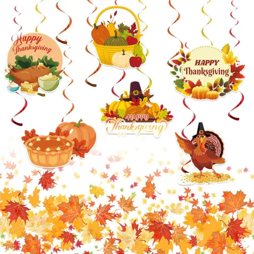 24 piezas de decoración de remolinos colgantes de otoño, decoración de techo colgante de Acción de Gracias, cesta colgante, pavo, calabaza, pastel,
