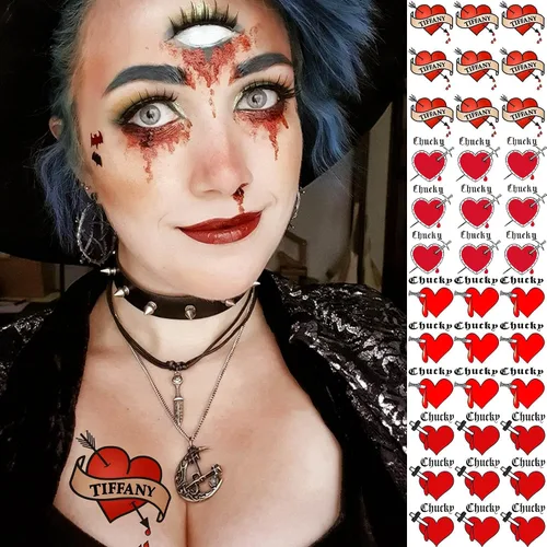 Miniatura 4 de Coktak 36 piezas de corazón de tatuaje de novia de chucky para mujeres, hombres, niños y adultos, kit de maquillaje de zombies de Halloween