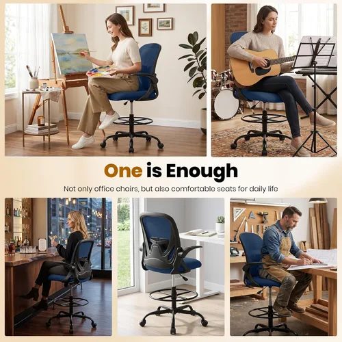 Miniatura 5 de Primy Silla de Dibujo Silla Alta de Oficina con Reposabrazos Abatibles Silla Ejecutiva Ergonómica de Computadora para Escritorio de Pie con Soporte