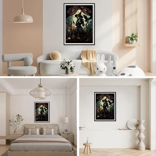 Miniatura 3 de SENQAO Pinturas de diamantes de bruja 5D para adultos, pinturas de puntos de diamante de perforación completa de vidrieras, pintura redonda de gato