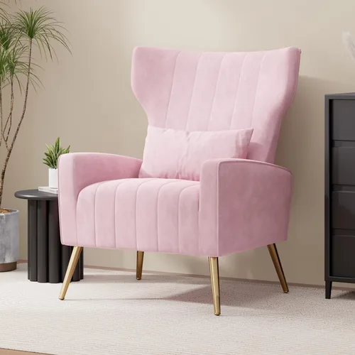 Miniatura 18 de Nebuaegis Silla decorativa de terciopelo con respaldo alado para sala de estar, sillón de respaldo alto con patas doradas, almohada lumbar, sofá