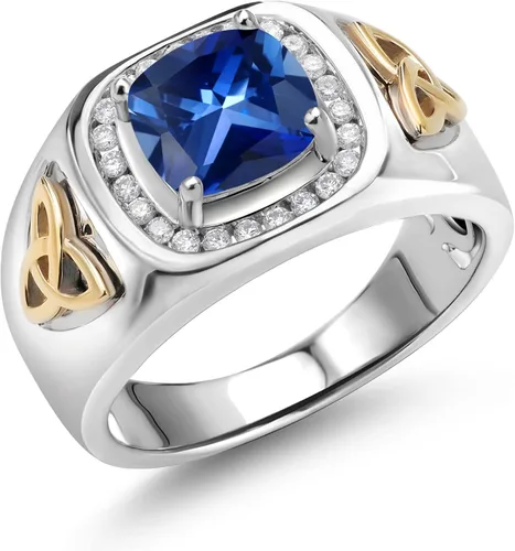 Gem Stone King Anillo de plata 925 y oro amarillo de 10 quilates para hombre con zafiro y diamantes blancos cultivados en laboratorio (2.76