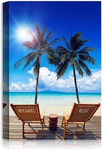 Lienzo personalizado para vacaciones con nombres de pareja en sillas de terraza, regalo de amor perfecto para aniversario, boda. 18 x 12 pulgadas