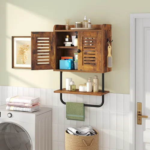 Miniatura 2 de HOOBRO Botiquín de baño, gabinete de pared para baño de doble puerta con toallero, estante ajustable, 2 ganchos, gabinete de almacenamiento sobre
