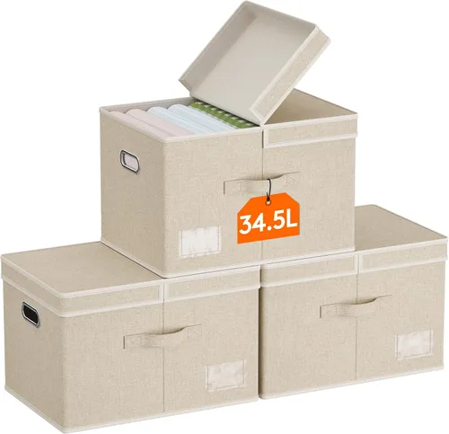 Miniatura 9 de Lifewit Contenedores de almacenamiento de ropa con tapas, cajas de almacenamiento plegables de tela con asas, organizador decorativo de armario