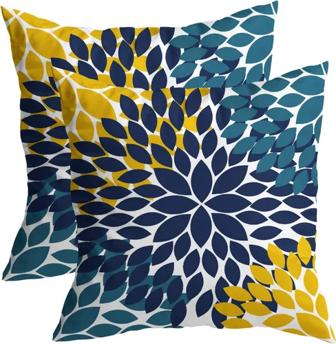 Kawani Juego de 2 fundas de almohada de 18 x 18 pulgadas, color verde azulado, amarillo, dalias, flores, modernas, rústicas, para decoración del