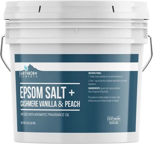 Earthborn Elements Sal de Epsom de vainilla y durazno de cachemira, 8 libras, cubo de un galón, pura y sin diluir, sal de remojo con fragancia