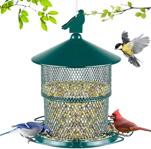 Comedero para pájaros a prueba de ardillas para colgar en el exterior, resistente a la intemperie, a prueba de ardillas, comedero grande de metal