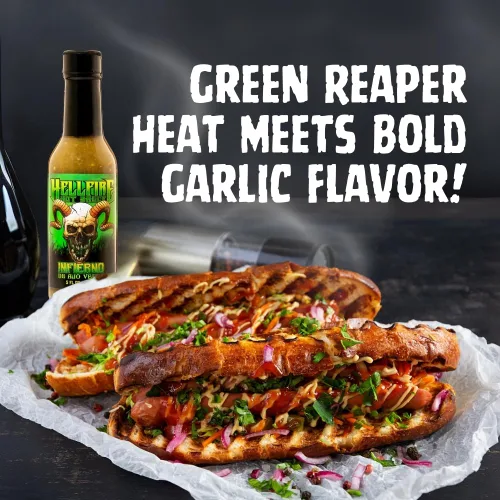 Miniatura 8 de Hellfire Hot Sauce Infierno De Ajo Verde - Salsa Verde de ajo Gourmet Salsa picante con pimientos verdes Carolina Reaper, 5 onzas