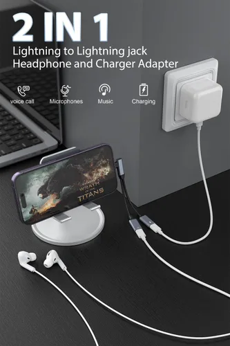 Miniatura 2 de [Certificado MFi de Apple] Divisor de iPhone para carga y auriculares, adaptador de auriculares Lightning dual compatible con control de música