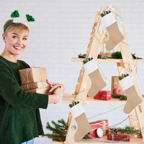 Miniatura 5 de Juego de 4 medias navideñas de arpillera para decoración de tamaño grande