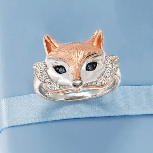 Miniatura 4 de Ross-Simons Two-Tone Sterling Silver Fox Ring With Sapphire and Diamond Accents