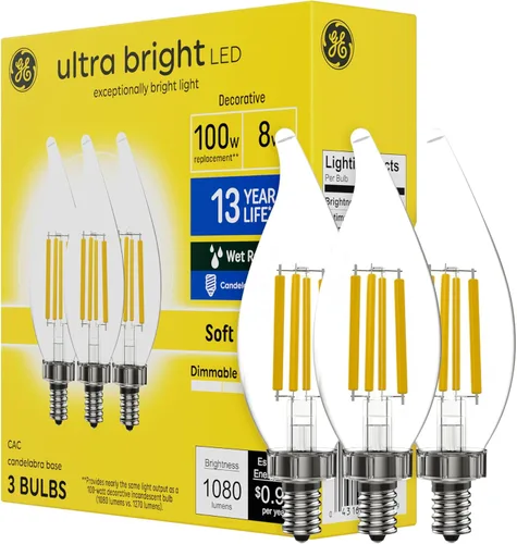 Miniatura 8 de GE Bombillas LED Ultra Brillantes, 100W, Luces de Vela Luz de Día, Bombillas Decorativas Transparentes CA12, Base Candelabra (Paquete de 3)