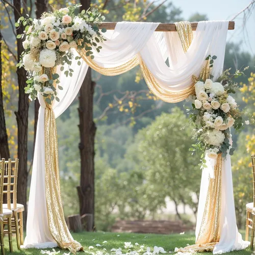 Miniatura 6 de Tela drapeada para arco de boda, 1 panel de cortinas de arco blanco de 28 pulgadas x 19 pies y 1 panel de 16 pulgadas x 19 pies, cortinas de tela