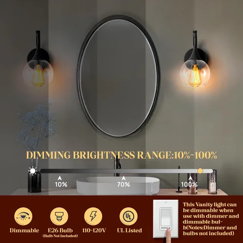 Miniatura 8 de Juego de dos apliques de pared negros, lámpara de pared moderna con pantalla de vidrio transparente, accesorios de iluminación de tocador de baño