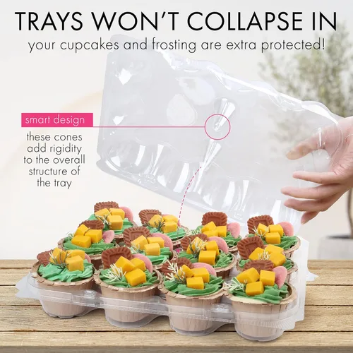 Miniatura 4 de LotFancy (12 unidades x 5 juegos) recipientes para cupcakes con 60 forros, cajas apilables de plástico, soporte desechable para magdalenas con tapa