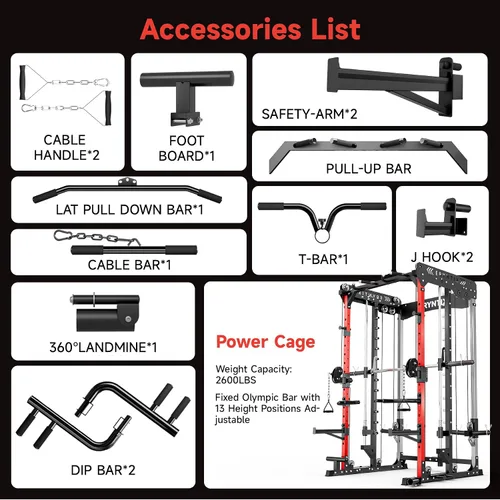 Miniatura 9 de Smith Machine, 2600 LBS Capacity Power Rack for Home Gym Garage, All-in-One Power Cage with Cable Crossover, Heavy-Duty Squat Rack, 84'' Home Gym