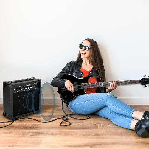 Miniatura 2 de Ktaxon Juego de bajo eléctrico de tamaño completo con diseño de llama con amplificador de 20 W, bolsa de bajo portátil, cable de amplificador Negro