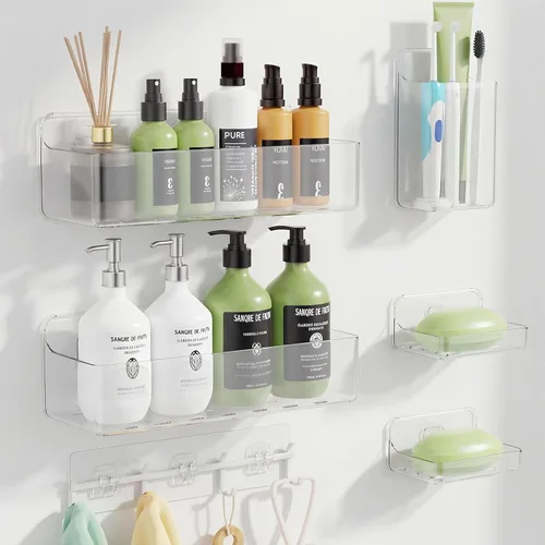Miniatura 9 de Paquete de 6 estantes de ducha adhesivos inoxidables para ducha interior, sin perforaciones, organizador de baño y almacenamiento grande con soporte