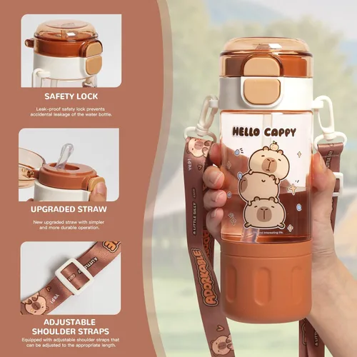 Miniatura 3 de Botella de Agua Capybara, Botella de Agua Kawaii con popote, bonitas botellas de agua Capybara con correa ajustable y calcomanías - para niños
