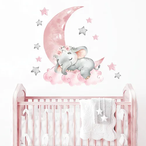Miniatura 6 de Calcomanías de pared de elefante azul dormido, diseño de luna y estrellas de sacinora para bricolaje, vinilo extraíble, despegar y pegar para niños