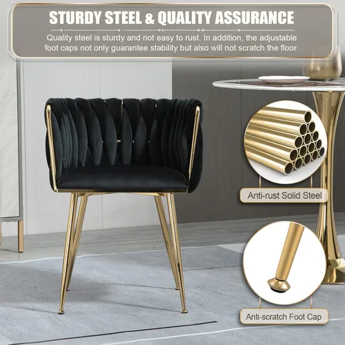 Miniatura 6 de Juego de 2 sillas de comedor tapizadas de terciopelo, sillas modernas para sala de estar con respaldo tejido y patas de metal dorado, silla auxiliar