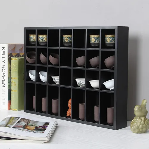 Miniatura 3 de Vitrina negra de 18 x 13 pulgadas, madera maciza montada en la pared, 28 ranuras, estante pequeño para gabinete Curio (sin puerta)