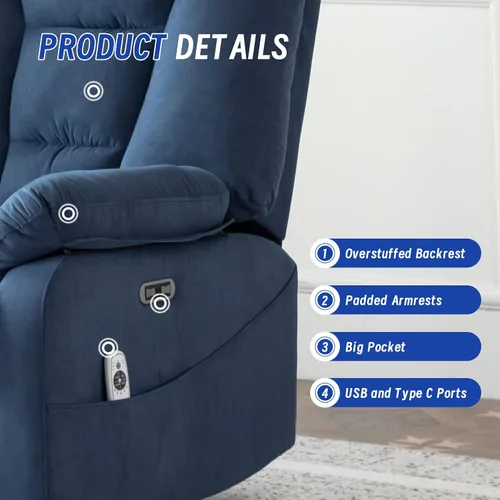 Miniatura 8 de Silla Reclinable Giratoria Eléctrica para Adultos, Sillas Reclinables Mecedoras con Masaje y Calor para Sala de Estar, Silla de Sofá Reclinable