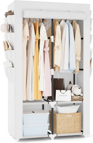 Miniatura 10 de Armario portátil para colgar ropa, armario portátil con tapa, 4 estantes de almacenamiento, 2 varillas para colgar y 8 bolsillos laterales, fácil