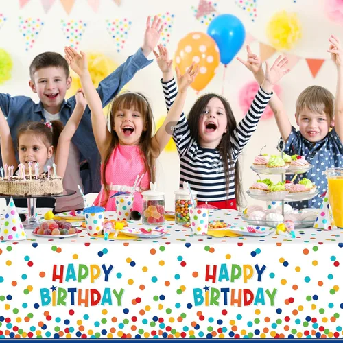 Miniatura 7 de Paquete de 3 manteles de plástico para decoración de cumpleaños, manteles desechables de lunares coloridos, mantel rectangular impermeable