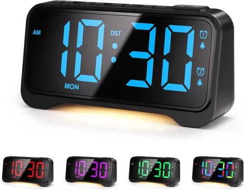 Mesqool Reloj despertador súper fuerte para dormitorios, modo de fin de semana/día de la semana, atenuador, repetición, 12/24 horas, horario de Negro