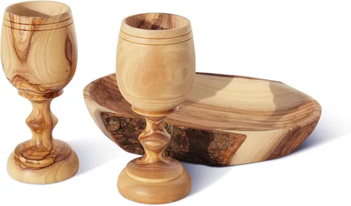 Miniatura 12 de Copa de Comunión de Madera de Olivo Tallada a Mano de 4.5 Pulgadas con Bandeja para Pan – Pequeña Copa Kiddush para Eucaristía, Santa Comunión