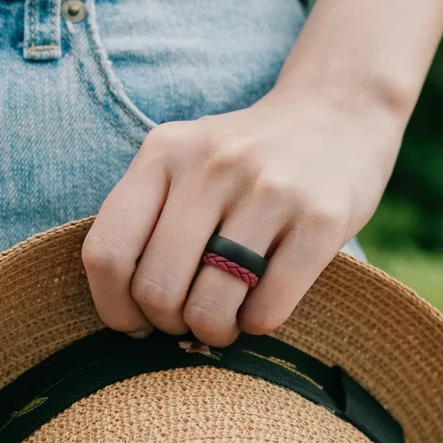 Miniatura 38 de Egnaro Anillos de boda de silicona para ella, conjuntos de novia de goma para mujer, bandas finas, diseño trenzado de hojas apilables con ranuras