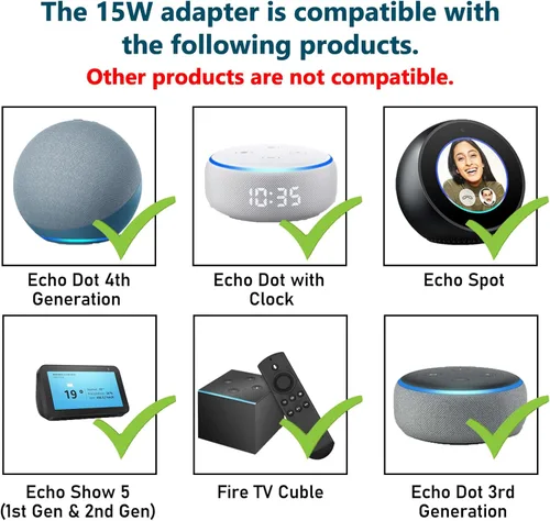Miniatura 2 de Adaptador de alimentación de 15W para Echo, Dot 3ª y 4ª generación, Kids Edition, Show 5, Spot y Fire TV Cube, cable de alimentación AC de 5 pies