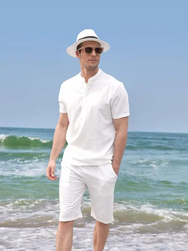 Miniatura 2 de COOFANDY Conjunto de 2 piezas de lino para hombre, camisas Henley casuales de manga corta, pantalones cortos de yoga para playa, pantalones cortos