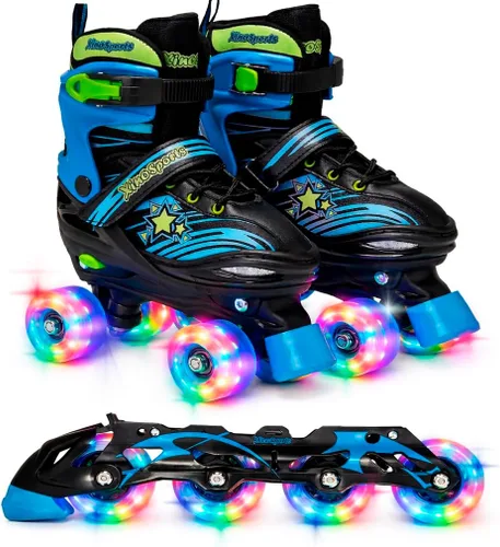 XINO SPORTS Combo 2 en 1, Patines para niños | Patines en línea - Patines intercambiables con luz LED para niños de 6 a 12 años, adolescentes y Negro