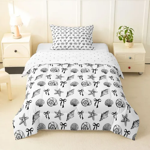 Miniatura 2 de Manfei Juego de ropa de cama de tamaño individual con 1 funda de almohada, diseño de concha y estrella de mar y lazo, juego de ropa de cama