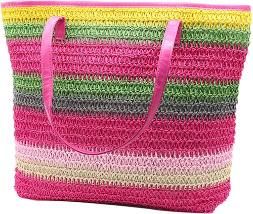 Miniatura 42 de Bolso grande de paja para mujer, tejido de ratán, bolso de playa de verano, a rayas
