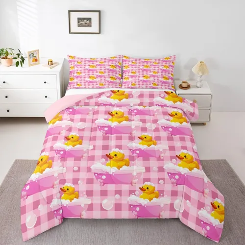 Miniatura 22 de Erosebridal Juego de ropa de cama a cuadros azul para niños, juego de cama individual con diseño de patos amarillos de dibujos animados, juego