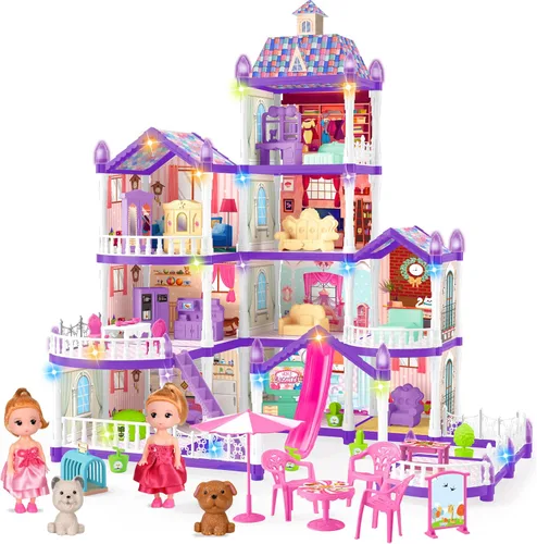 Miniatura 7 de Seifar Casa de muñecas para niñas, 10 habitaciones, juguete de casa azul con figuras de muñecas, cachorros, luces, muebles, accesorios, casa