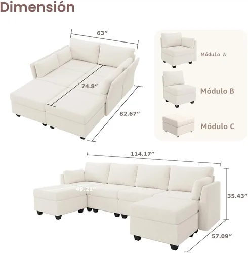 Miniatura 2 de Huatean Home Sofá Seccional Modular de 114.17", Sofá Modular de 6 Asientos con Almacenamiento, Espuma Viscoelástica, Sofás Seccionales Convertibles