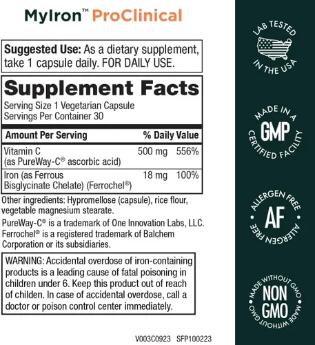 Miniatura 2 de MyIron ProClinical by Purity Products - Hierro (quelato de bisglicinato ferroso) + vitamina C (PureWay-C) - Suave para el estómago - Absorción