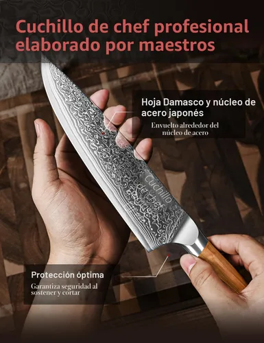 Miniatura 5 de Cuchillo de chef de Damasco en acero japonés, cuchillo de cocina de Damasco de 67 capas con caja de regalo de madera y mango de madera de olivo